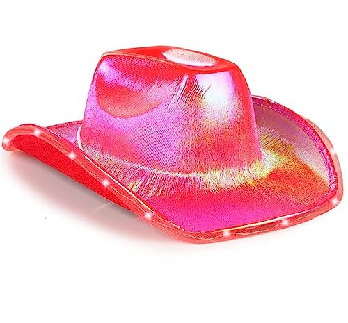 LEEMASING Unisex Cowboyhut mit blinkender LED-Krempe, lustiger Hut für Hochzeit, Abschlussball, Geburtstag, Party, Halloween (rot) von LEEMASING