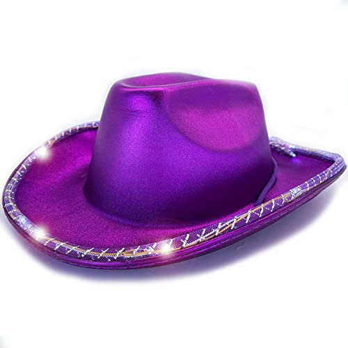 Violetter Cowboyhut mit blinkender LED-Krempe, lustiger Leuchthut, Partyhut für Geburtstagsparty, Hochzeit, Abschlussball, Festzug, Cosplay, Halloween von LEEMASING