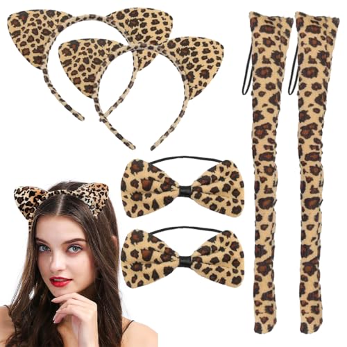 LEEQ 2 Leoparden Ohren Stirnband Set - Cosplay Set, Ohren Schwanz Fliege Die Katze Ohren Band Bogen Schwanz Kostüm Set, für Kinder Halloween Fasching Karneval Party LEEQ 2 Leoparden Ohren Stirnband Set - Cosplay Set, Ohren Schwanz Fliege Die Katze Ohren Band Bogen Schwanz Kostüm Set, für Kinder Halloween Fasching Karneval Party von LEEQ