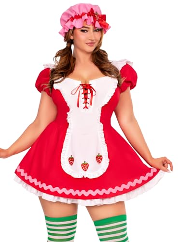 Berry Cutie Kostüm, inklusive Schürzenkleid mit Schnürung vorne und Beeren-Akzenten, Pin-on-Schleife hinten und Motorhaube, Rot/Ausflug, einfarbig (Getaway Solids), 2X von LEG AVENUE