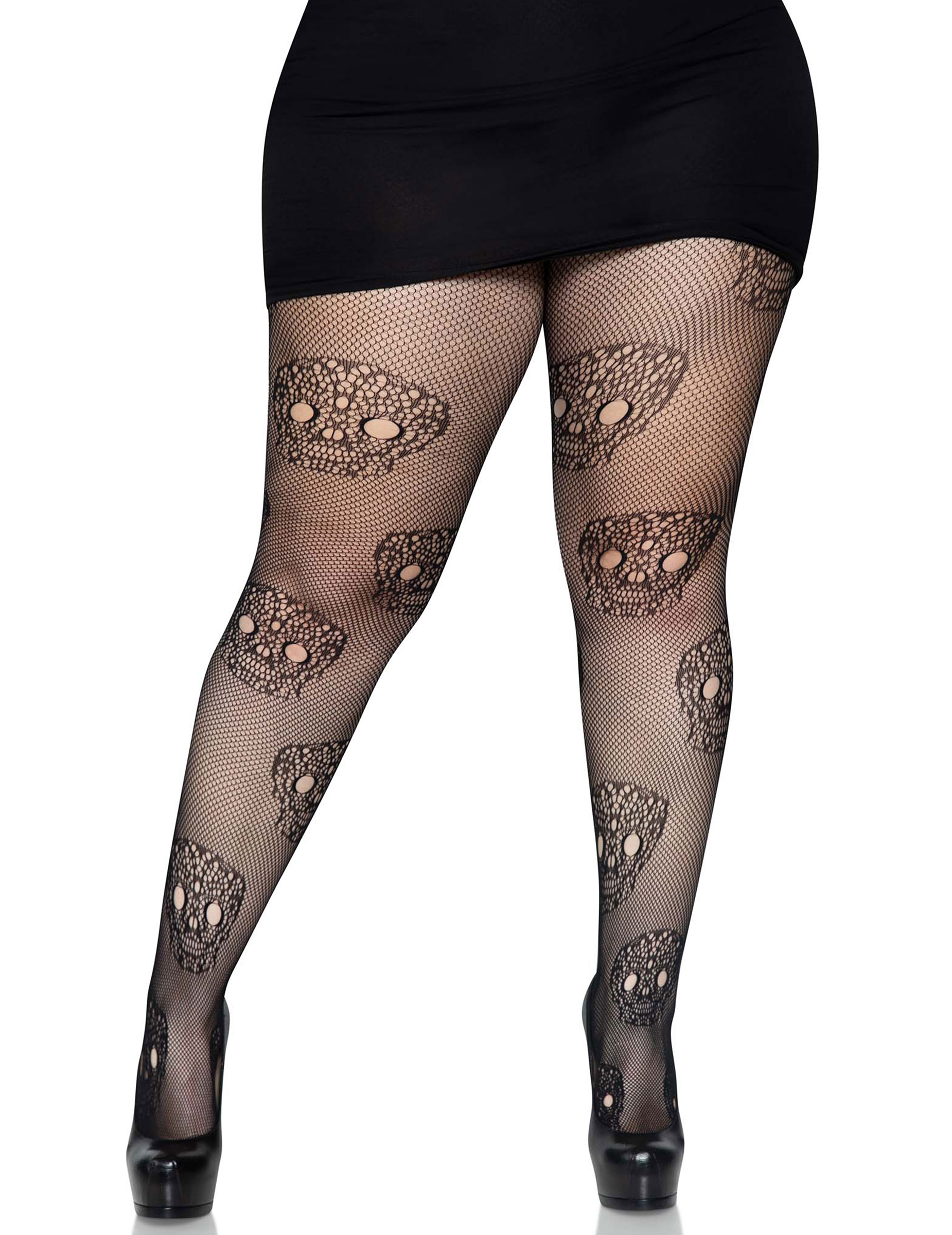 Dia de los muertos Strumpfhose in Übergröße für Frauen schwarz von LEG-AVENUE