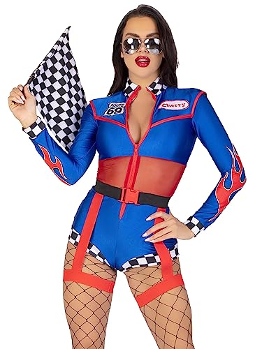 Leg Avenue 2 PC Cherry Bomb Racer, includes long sleeved zip up romper with sheer midriff and badge accents, flame detail and checkerboard trim, and belt with attached garters von LEG AVENUE