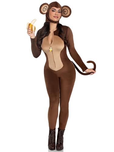LEG AVENUE 2 Stück Cheeky Monkey, inklusive ultraweichem Samtplüsch-Catsuit mit Bananen-Reißverschluss und frechem Affenbutt, verdrahtetem Schwanz und Ohrhaube, Braun, Größe M von LEG AVENUE