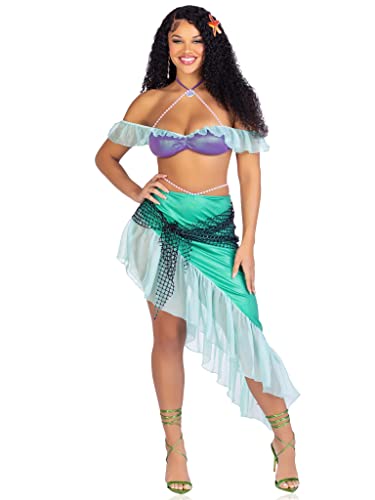 LEG AVENUE 3 PC Spellbound Mermaid, includes pearl halter iridescent bra top with chiffon ruffle sleeve, asymmetrical skirt with pearl waist tie and iridescent net wrap, and sea star hair clip von LEG AVENUE