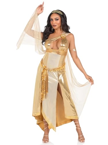 LEG AVENUE 3-teiliges goldenes Göttin, mit asymmetrischem schimmerndem Kleid mit ein-Schulter-Schnalle und Schleifenbesatz, Gold, Größe S von LEG AVENUE