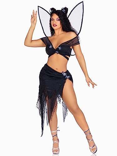 LEG AVENUE 4 PC Dark Fairy, includes wrap around crop top with butterfly accents, asymmetrical skirt with distressed net overlay, butterfly hair clips, and shimmer fairy wings von LEG AVENUE