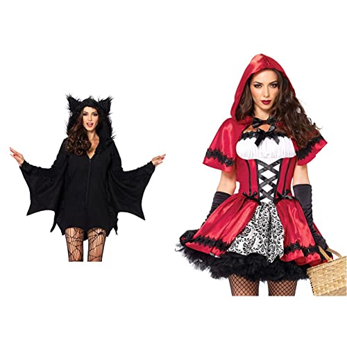 LEG AVENUE 85311 - Cozy Bat Kostüm, Größe M, schwarz, Damen Karneval Kostüm Fasching, Größe: M (EUR 38) & Damen Gothic Red Riding Hood Kost me, Red, White, Größe: M (EUR 38) von LEG AVENUE