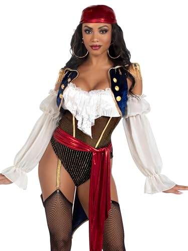 LEG AVENUE Buccaneer Beauty, 2 Stück, inklusive Strumpfband-Body mit Samt-Brokat-Schwanz, angenähter Taillenschärpe und Kopftuch, mehrfarbig, Größe S von LEG AVENUE