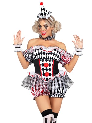 LEG AVENUE Darling Harlequin, 4-teilig, inklusive Rüschenbesatz und Pompon-Akzenten, Handgelenk-Rüschen, Nackenrüschen und Hut-Stirnband, mehrfarbig, klein von LEG AVENUE