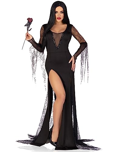 LEG AVENUE Spooky Beauty, features backless deep-v dress with sequin trim and ruched back, spiderweb gauntlet sleeves, and high slit tentacle skirt von LEG AVENUE