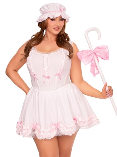 Leg Avenue 3-teiliges Little Bo Peep-Kostüm für Damen, Oberteil mit Rüschenbesatz und Schleifen-Akzenten, Rock mit Pick-up-Saum und Motorhaube, Größe 1 x 2X, Weiß von LEG AVENUE