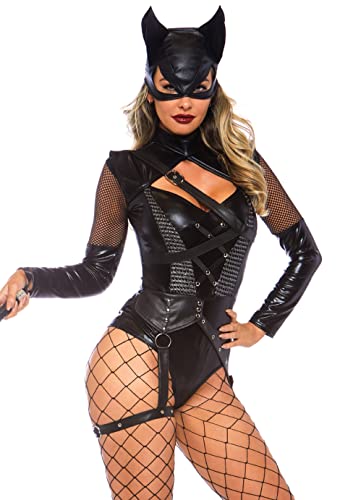 Leg Avenue Damen 2-teiliges Villainess Vixen Bodysuit Kostüm mit angenähtem Strumpfband, Kapuzenmaske, Schwarz, XL von LEG AVENUE
