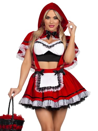 Leg Avenue Damen Flirty Miss Red, bauchfreies Top mit Spitzenbesatz, Strapsrock und Kapuzenumhang, XL, Rot/Weiß, 3-teilig von LEG AVENUE