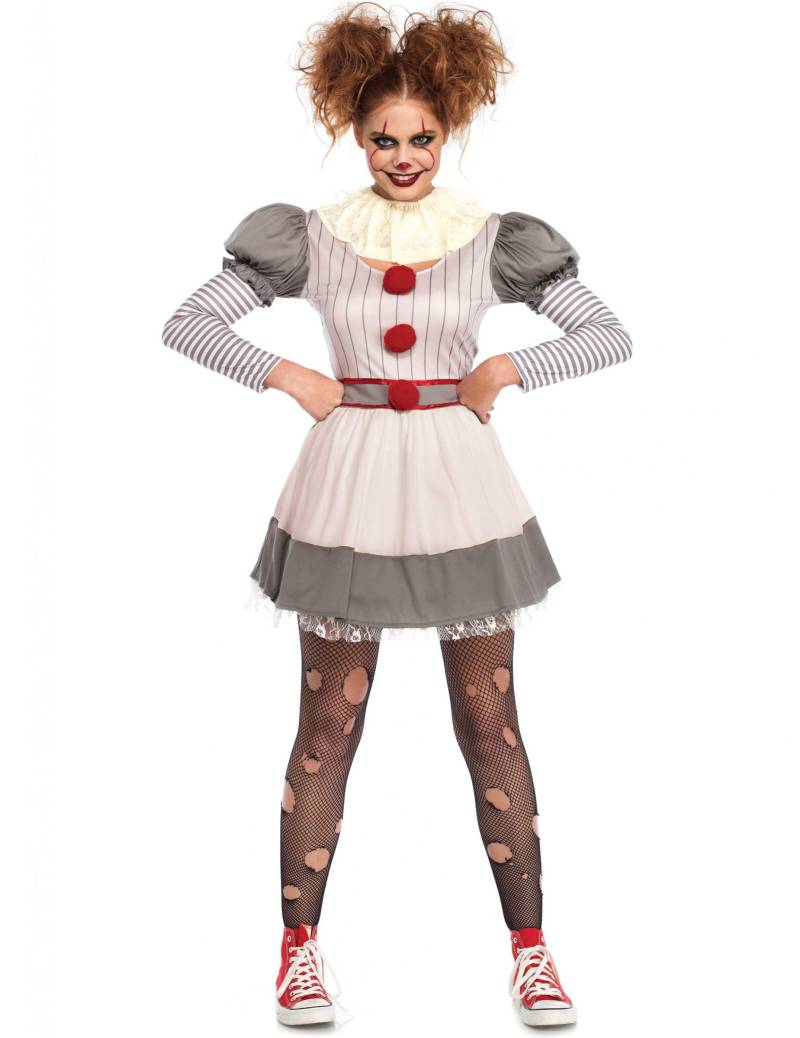 Psycho-Clown-Kostüm für Damen Halloween weiss-grau-rot von LEG-AVENUE