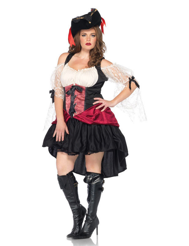 Sexy Barock-Piratin Damenkostüm Übergrössen schwarz-rot-weiss von LEG-AVENUE