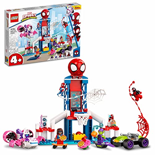 LEGO 10784 Marvel Spidey und Seine Super-Freunde Spider-Mans Hauptquartier, Spielzeug zum Bauen mit 2in1 Spielzeugauto und Flugzeug sowie 5 Minifiguren, darunter Miles Morales, Geschenk für Kinder von LEGO