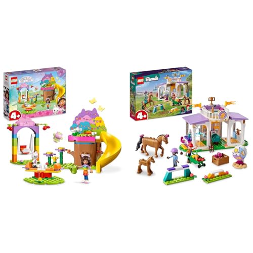 LEGO 10787 Gabby's Dollhouse Kitty Fees Gartenparty Puppenhaus Spielzeug Set & 41746 Friends Reitschule Set mit 2 Spielzeug-Pferden, Aliya und Mia Mini-Puppen von LEGO