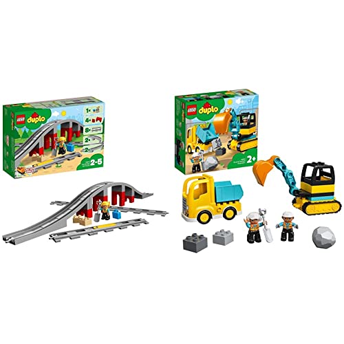 LEGO 10872 DUPLO Eisenbahnbrücke und Schienen-Set, ab 2 Jahren & 10931 DUPLO Bagger und Laster Spielzeug mit Baufahrzeug für Kleinkinder ab 2 Jahren zur Förderung der Feinmotorik, Kinderspielzeug von LEGO
