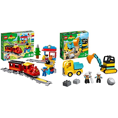 LEGO 10874 DUPLO Dampfeisenbahn, mit Licht & Geräuschen und Push-&-Go-Motor & 10931 DUPLO Bagger und Laster Spielzeug mit Baufahrzeug für Kleinkinder ab 2 Jahren zur Förderung der Feinmotorik von LEGO