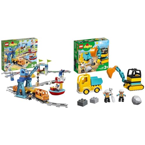 LEGO 10875 DUPLO Güterzug, Eisenbahn, „Push & Go“-Lok mit Lichtern und Geräuschen & 10931 DUPLO Bagger und Laster Spielzeug mit Baufahrzeug von LEGO