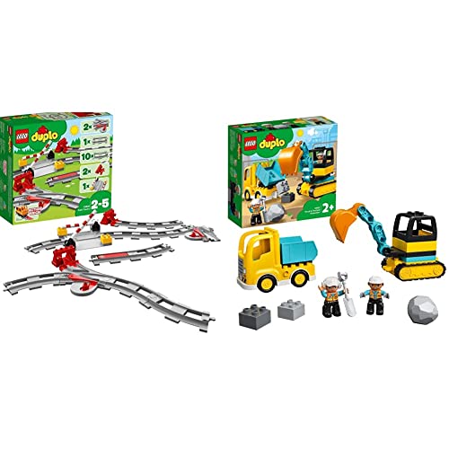 LEGO 10882 DUPLO Eisenbahn Schienen, Zugschienen-Bauset ab 2 Jahren & 10931 DUPLO Bagger und Laster Spielzeug mit Baufahrzeug für Kleinkinder ab 2 Jahren zur Förderung der Feinmotorik, Kinderspielzeug von LEGO