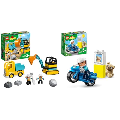 LEGO 10931 DUPLO Bagger und Laster Spielzeug mit Baufahrzeug für Kleinkinder ab 2 Jahren zur Förderung der Feinmotorik, Kinderspielzeug, Mehrfarbig & 10967 DUPLO Polizeimotorrad, ab 2 Jahre, von LEGO
