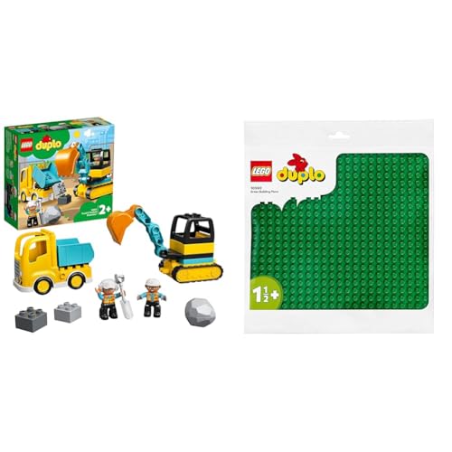 LEGO 10931 DUPLO Bagger und Laster Spielzeug mit Baufahrzeug für Kleinkinder ab 2 Jahren zur Förderung der Feinmotorik, Kinderspielzeug, Mehrfarbig & 10980 DUPLO Bauplatte in Grün, für DUPLO Sets von LEGO
