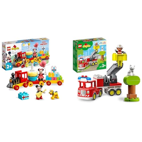 LEGO 10941 DUPLO Disney Mickys und Minnies Geburtstagszug, Spielzeugzug mit Kuchen und Ballons, ab 2 Jahren, & 10969 DUPLO Town Feuerwehrauto Spielzeug, Lernspielzeug für Kleinkinder ab 2 Jahren von LEGO