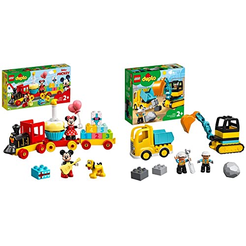 LEGO 10941 DUPLO Disney Mickys und Minnies Geburtstagszug, Spielzeugzug mit Kuchen und Ballons,ab 2 Jahren, Mädchen und Jungen & 10931 DUPLO Bagger und Laster Spielzeug, ab 2 Jahren von LEGO