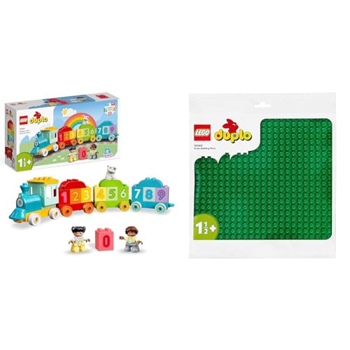 LEGO 10954 DUPLO Zahlenzug - Zählen Lernen, Zug Spielzeug, Eisenbahn & 10980 DUPLO Bauplatte in Grün, Grundplatte für DUPLO Sets, Konstruktionsspielzeug für Kleinkinder, Mädchen und Jungen von LEGO