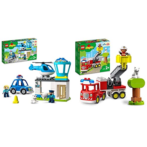 LEGO 10959 DUPLO Polizeistation mit Hubschrauber, Polizeiauto und Steine & 10969 DUPLO Town Feuerwehrauto Spielzeug von LEGO