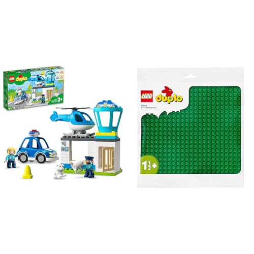 LEGO 10959 DUPLO Polizeistation mit Hubschrauber & 10980 DUPLO Bauplatte in Grün, Grundplatte für DUPLO Sets, Konstruktionsspielzeug für Kleinkinder, Mädchen und Jungen von LEGO