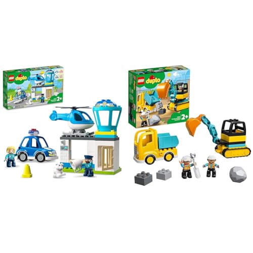 LEGO 10959 DUPLO Polizeistation mit Hubschrauber und Polizeiauto & 10931 DUPLO Bagger und Laster Spielzeug mit Baufahrzeug für Kleinkinder ab 2 Jahren zur Förderung der Feinmotorik, Kinderspielzeug von LEGO