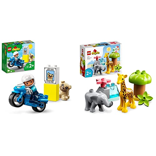 LEGO 10967 DUPLO Polizeimotorrad, Polizei-Spielzeug für Kleinkinder ab 2 Jahre & 10971 DUPLO Wilde Tiere Afrikas Spielzeug-Set für Kleinkinder mit Tierfiguren und Spielmatte, Lernspielzeug ab 2 Jahre von LEGO