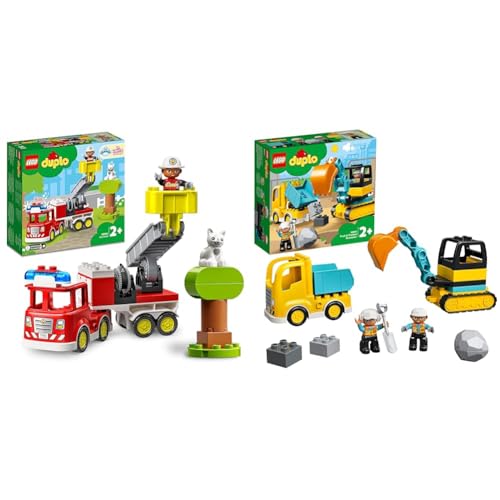 LEGO 10969 DUPLO Town Feuerwehrauto Spielzeug, Lernspielzeug für Kleinkinder ab 2 Jahren & 10931 DUPLO Bagger und Laster Spielzeug mit Baufahrzeug von LEGO