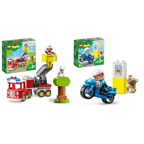 LEGO 10969 DUPLO Town Feuerwehrauto Spielzeug, Lernspielzeug für Kleinkinder ab 2 Jahren & 10967 DUPLO Polizeimotorrad, Polizei-Spielzeug für Kleinkinder ab 2 Jahre von LEGO