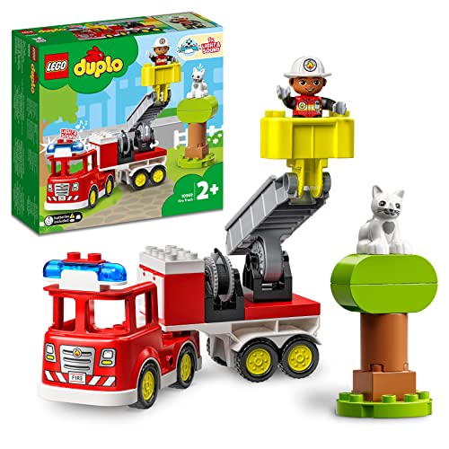 LEGO DUPLO Town Feuerwehrauto Spielzeug, Lernspielzeug für Kleinkinder ab 2 Jahren, Set mit Blaulicht und Martinshorn, Feuerwehrmann und Katze, für Mädchen und Jungen 10969 von LEGO