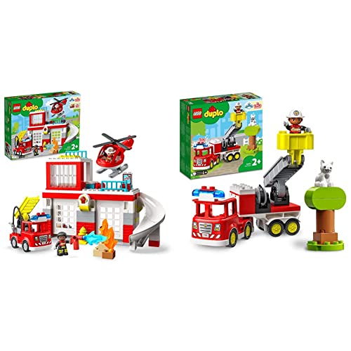 LEGO 10970 DUPLO Feuerwehrwache mit Hubschrauber, Feuerwehr-Spielzeug für Kleinkinder ab 2 Jahre mit Feuerwehrauto & 10969 DUPLO Town Feuerwehrauto Spielzeug von LEGO