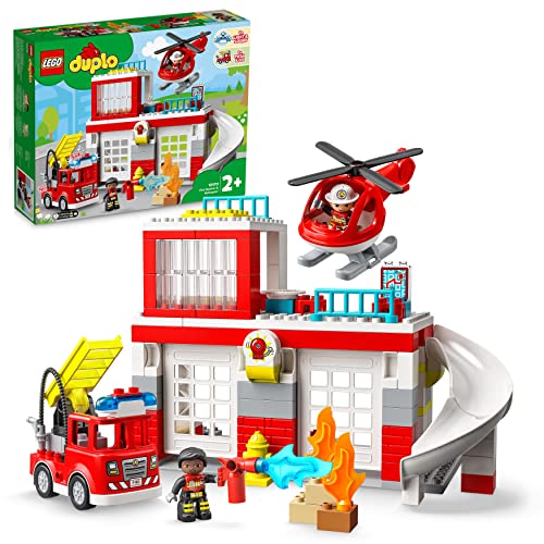 LEGO DUPLO Feuerwehrwache mit Hubschrauber, Feuerwehr-Spielzeug aus Bausteinen für Kleinkinder ab 2 Jahre, mit Feuerwehrauto und 2 Figuren, Ostergeschenk für Mädchen und Jungen 10970 von LEGO