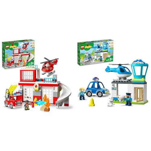 LEGO 10970 DUPLO Feuerwehrwache mit Hubschrauber, Feuerwehr-Spielzeug & 10959 DUPLO Polizeistation mit Hubschrauber, Polizeiauto und Steine, Polizei-Spielzeug für Kleinkinder ab 2 Jahre von LEGO