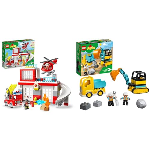 LEGO 10970 DUPLO Feuerwehrwache mit Hubschrauber & 10931 DUPLO Bagger und Laster Spielzeug mit Baufahrzeug für Kleinkinder ab 2 Jahren zur Förderung der Feinmotorik von LEGO