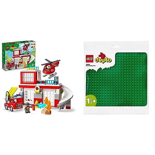 LEGO 10970 DUPLO Feuerwehrwache mit Hubschrauber & 10980 DUPLO Bauplatte in Grün, Grundplatte für DUPLO Sets, Konstruktionsspielzeug für Kleinkinder, Mädchen und Jungen von LEGO