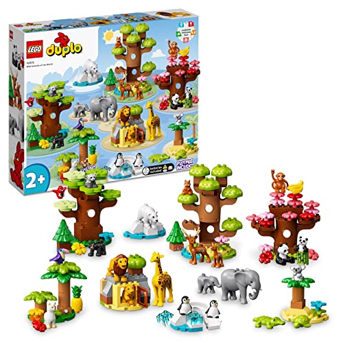 LEGO DUPLO Wilde Tiere der Welt, Zoo-Spielzeug mit Sound, 22 Tierfiguren, darunter Elefanten, Pandas und Löwen, Lernspielzeug aus Steinen mit Weltkarten-Spielmatte für Kinder ab 2 Jahre 10975 von LEGO