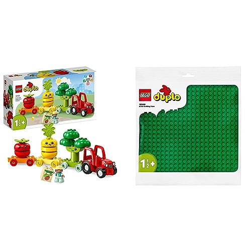 LEGO 10982 DUPLO My First Obst- und Gemüse-Traktor, Bauernhof Set & 10980 DUPLO Bauplatte in Grün, Grundplatte für DUPLO Sets, Konstruktionsspielzeug für Kleinkinder, Mädchen und Jungen von LEGO