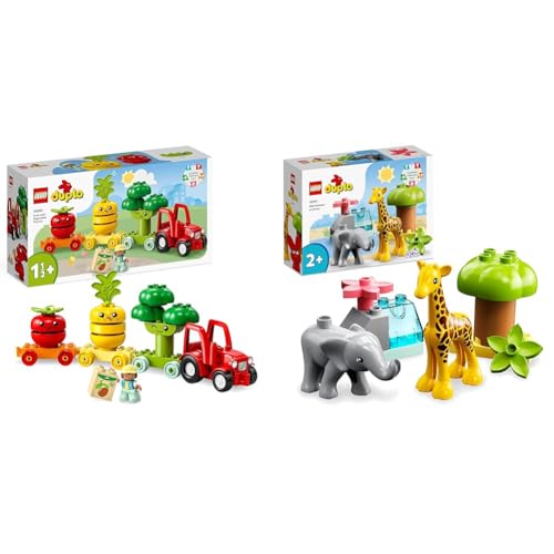 LEGO 10982 DUPLO My First Obst- und Gemüse-Traktor & 10971 DUPLO Wilde Tiere Afrikas Spielzeug-Set für Kleinkinder mit Tierfiguren und Spielmatte von LEGO
