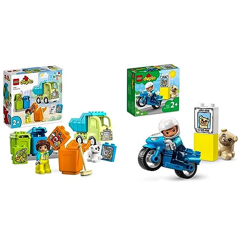 LEGO 10987 DUPLO Recycling-LKW Müllwagen-Spielzeug, Lern- und Farbsortier-Spielzeug & 10967 DUPLO Polizeimotorrad, Polizei-Spielzeug für Kleinkinder ab 2 Jahre von LEGO