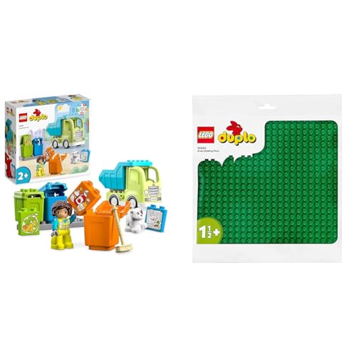 LEGO 10987 DUPLO Recycling-LKW Müllwagen-Spielzeug & 10980 DUPLO Bauplatte in Grün, Grundplatte für DUPLO Sets, Konstruktionsspielzeug für Kleinkinder, Mädchen und Jungen von LEGO
