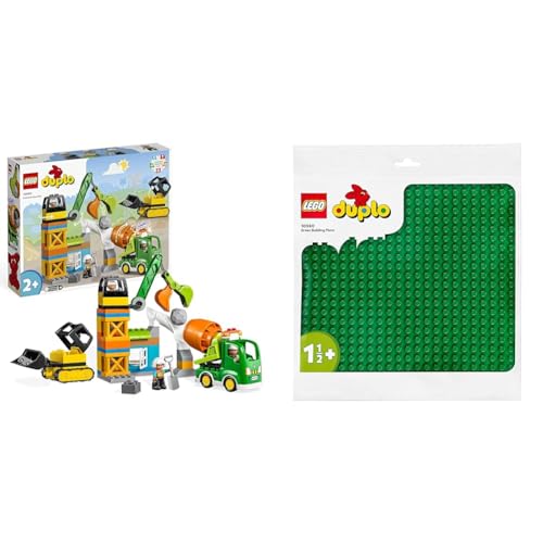 LEGO 10990 DUPLO Baustelle mit Baufahrzeugen, Kran & 10980 DUPLO Bauplatte in Grün, Grundplatte für DUPLO Sets, Konstruktionsspielzeug für Kleinkinder, Mädchen und Jungen von LEGO