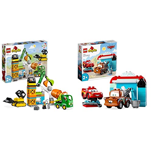 LEGO 10990 DUPLO Baustelle mit Baufahrzeugen & 10996 DUPLO Disney and Pixar's Cars Lightning McQueen & Mater in der Waschanlage Spielzeugautos, Motorikspielzeug für Jungen und Mädchen ab 2 Jahren von LEGO