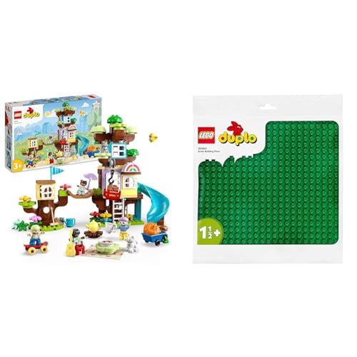 LEGO 10993 DUPLO 3-in-1 Baumhaus Spielzeug für Kleinkinder ab 3 Jahren & 10980 DUPLO Bauplatte in Grün, Grundplatte für DUPLO Sets, Konstruktionsspielzeug für Kleinkinder, Mädchen und Jungen von LEGO